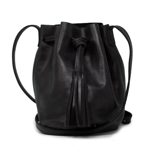 Able Bucket Purse - Tassel Black Leather Ethical Fair Trade Mod Twee Festival - Picture 2 of 15